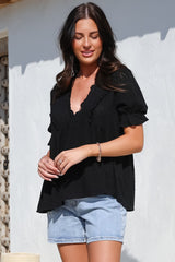 Catha Top - Frill Neckline Empire Bustline Top with Short Balloon Sleeves in Black