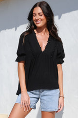 Catha Top - Frill Neckline Empire Bustline Top with Short Balloon Sleeves in Black