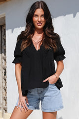 Catha Top - Frill Neckline Empire Bustline Top with Short Balloon Sleeves in Black
