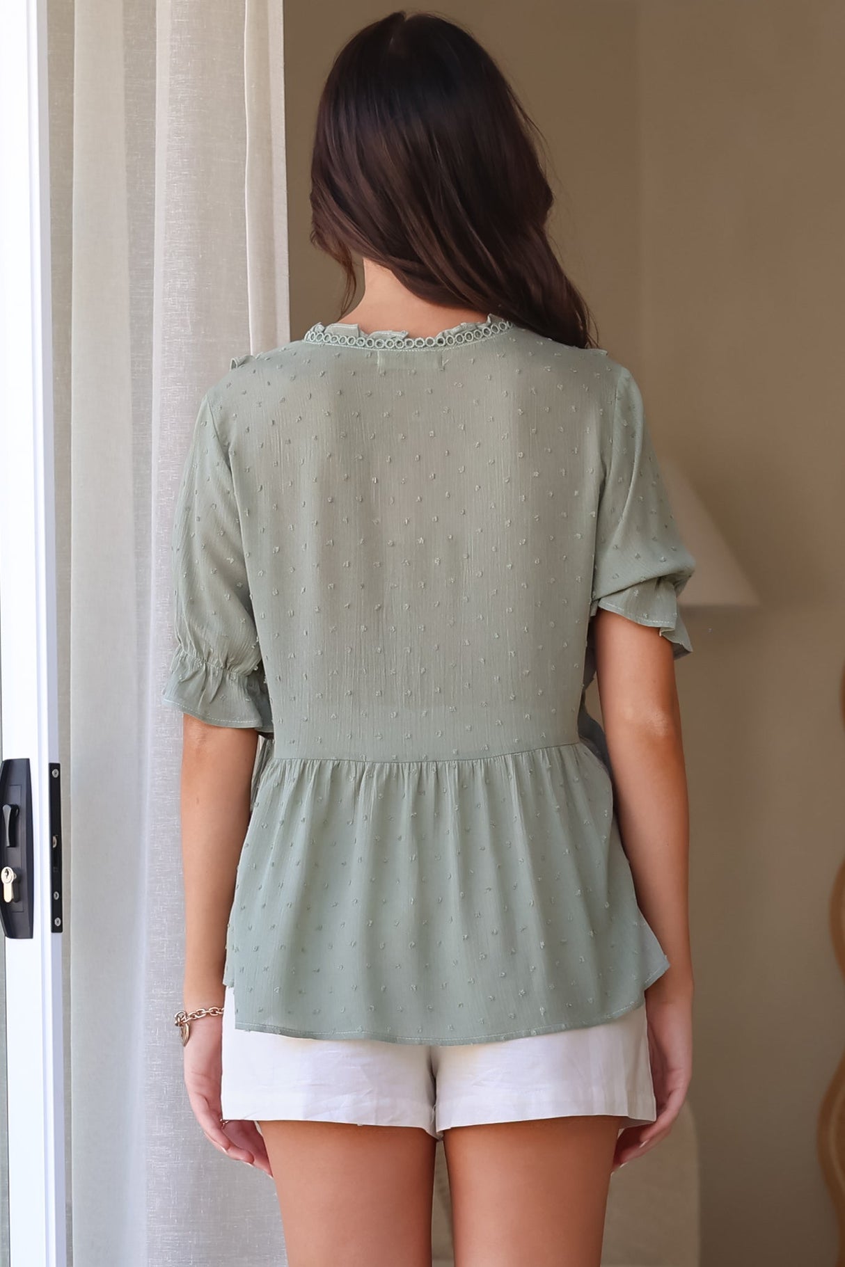 Catha Top - Frill Neckline Empire Bustline Top with Short Balloon Sleeves in Sage