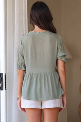 Catha Top - Frill Neckline Empire Bustline Top with Short Balloon Sleeves in Sage