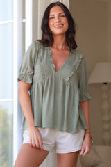 Catha Top - Frill Neckline Empire Bustline Top with Short Balloon Sleeves in Sage