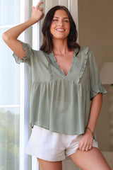 Catha Top - Frill Neckline Empire Bustline Top with Short Balloon Sleeves in Sage