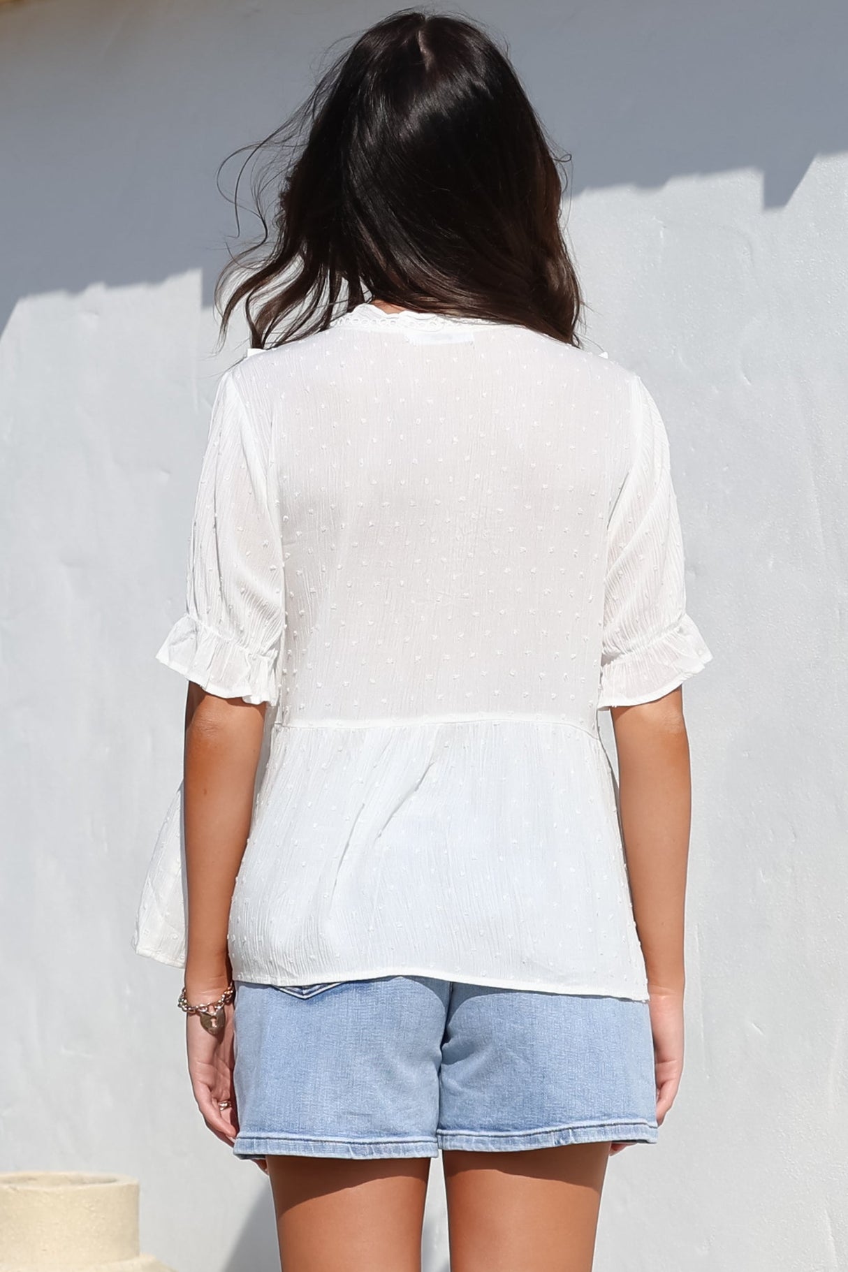 Catha Top - Frill Neckline Empire Bustline Top with Short Balloon Sleeves in White