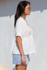 Catha Top - Frill Neckline Empire Bustline Top with Short Balloon Sleeves in White