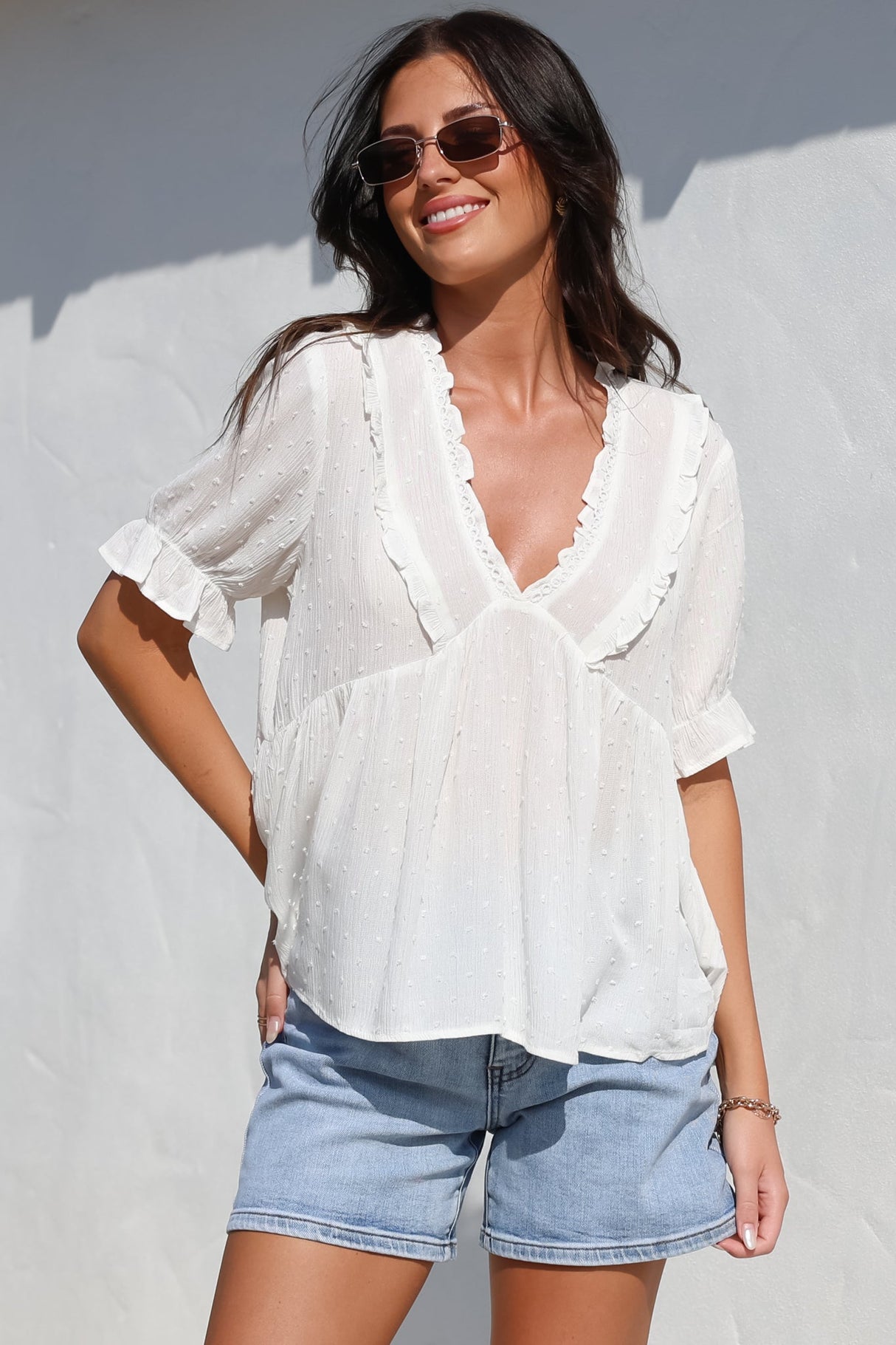Catha Top - Frill Neckline Empire Bustline Top with Short Balloon Sleeves in White