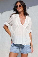 Catha Top - Frill Neckline Empire Bustline Top with Short Balloon Sleeves in White
