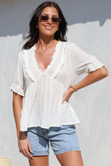 Catha Top - Frill Neckline Empire Bustline Top with Short Balloon Sleeves in White