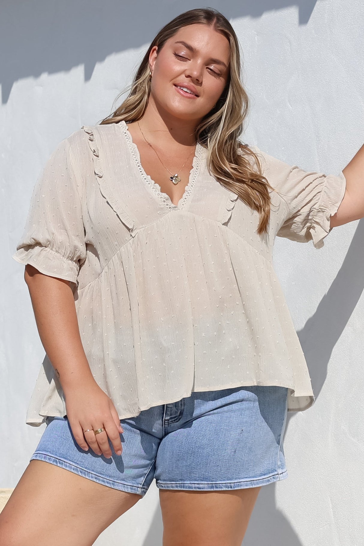 Catha Top - Frill Neckline Empire Bustline Top with Short Balloon Sleeves in Beige