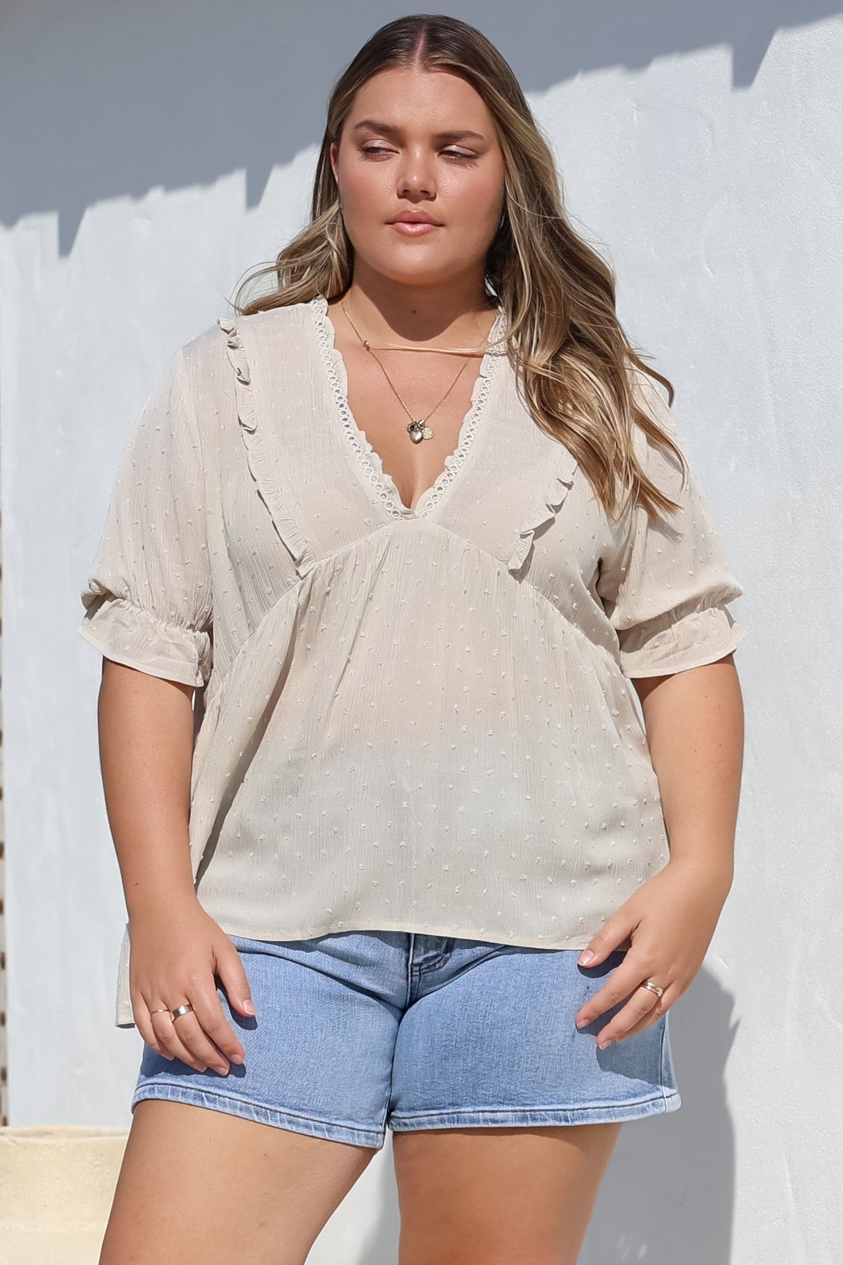 Catha Top - Frill Neckline Empire Bustline Top with Short Balloon Sleeves in Beige