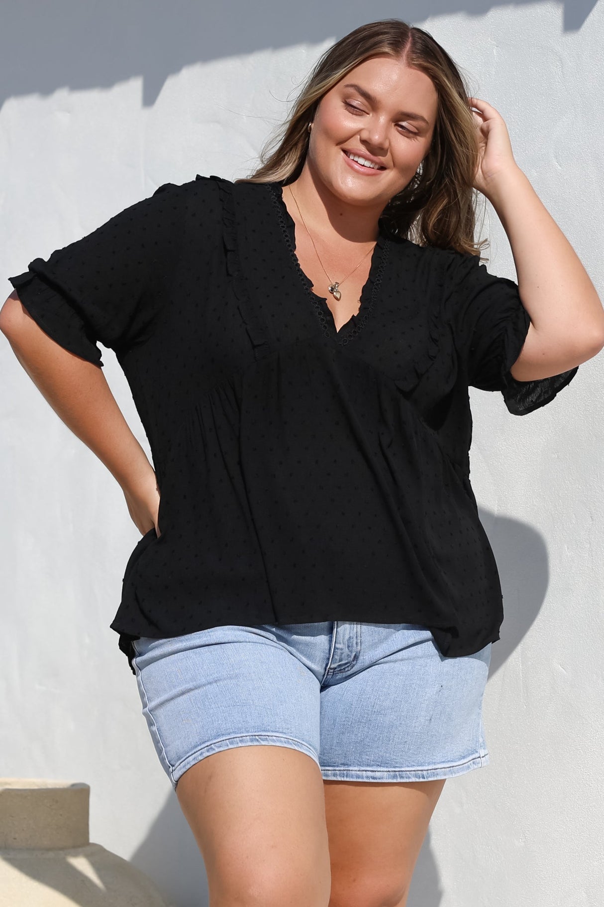 Catha Top - Frill Neckline Empire Bustline Top with Short Balloon Sleeves in Black