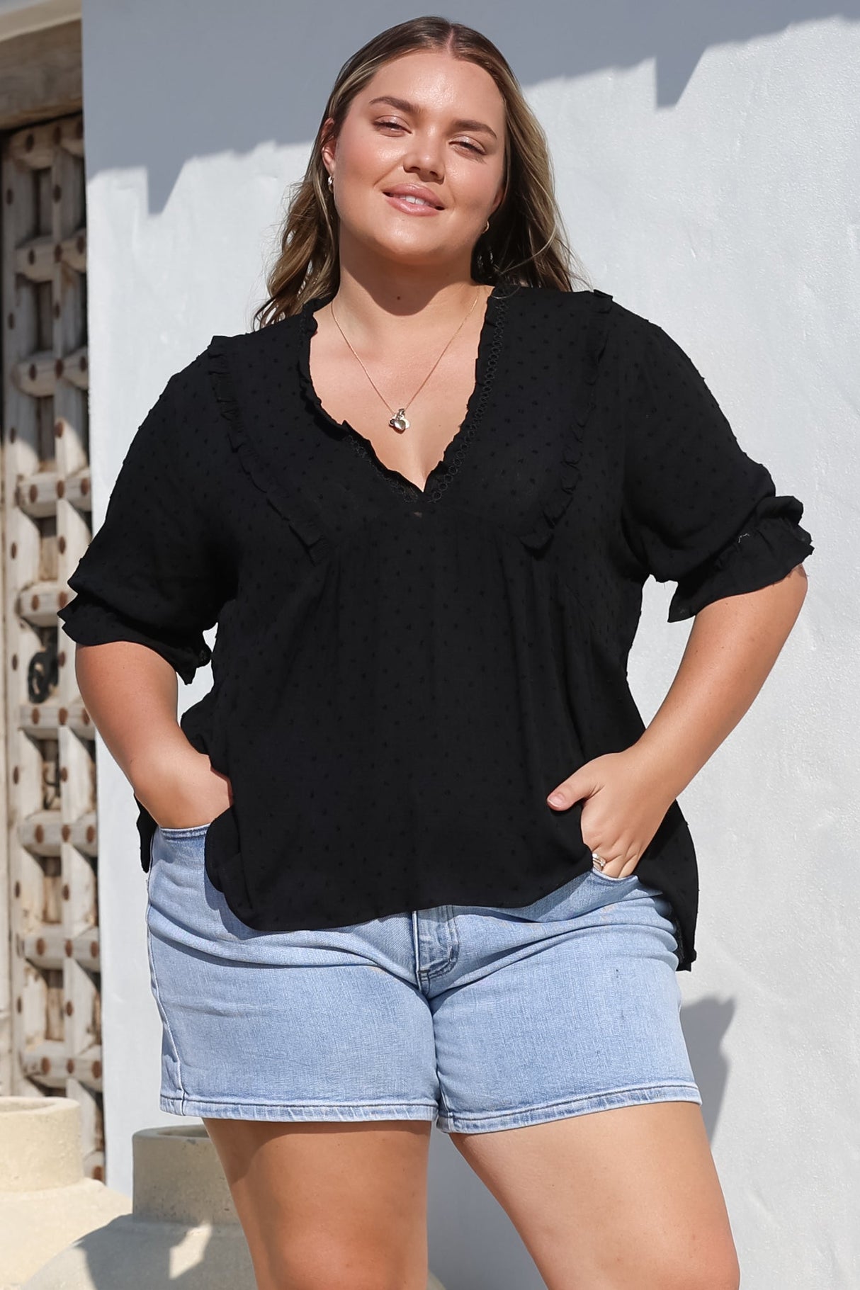 Catha Top - Frill Neckline Empire Bustline Top with Short Balloon Sleeves in Black