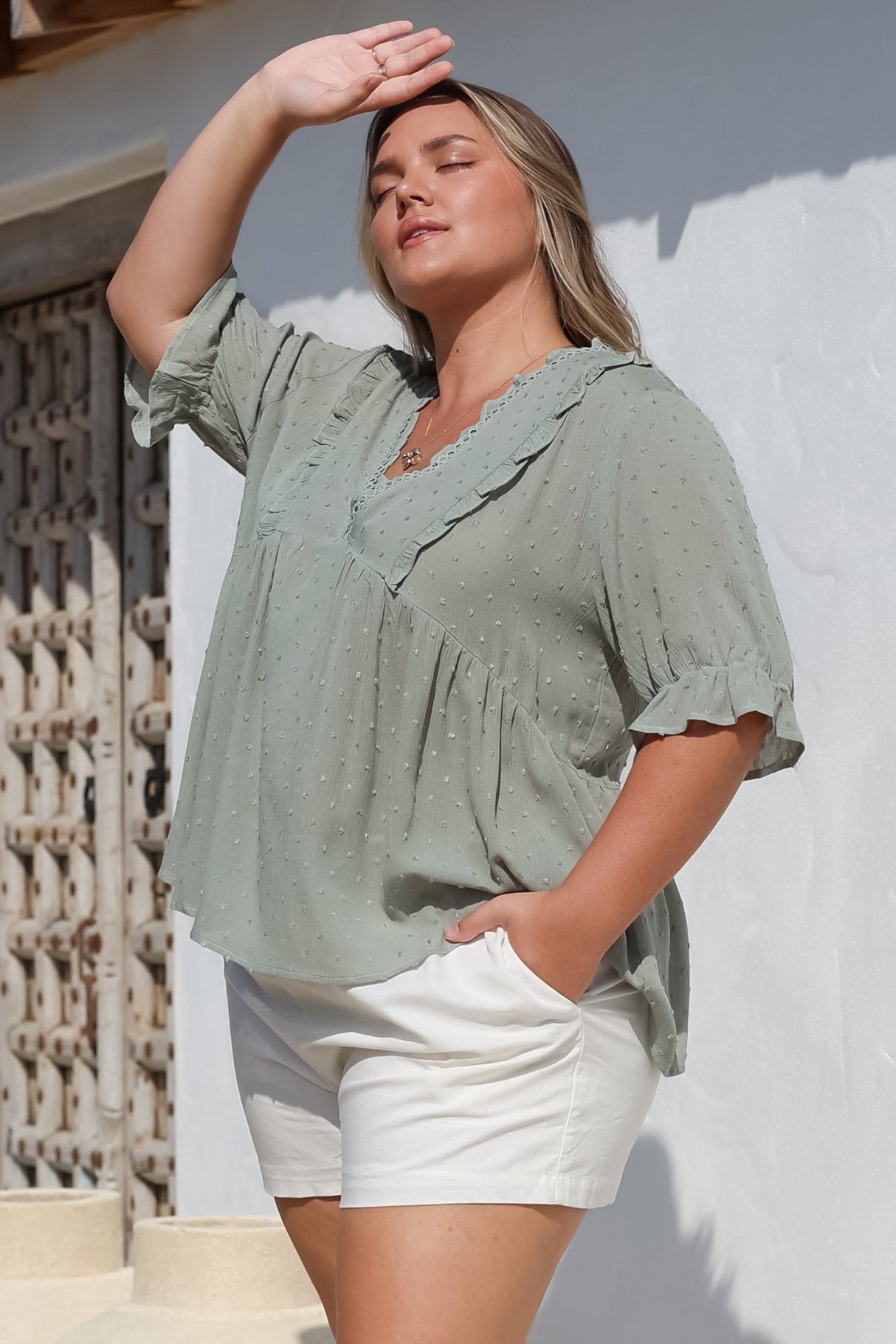 Catha Top - Frill Neckline Empire Bustline Top with Short Balloon Sleeves in Sage