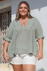 Catha Top - Frill Neckline Empire Bustline Top with Short Balloon Sleeves in Sage