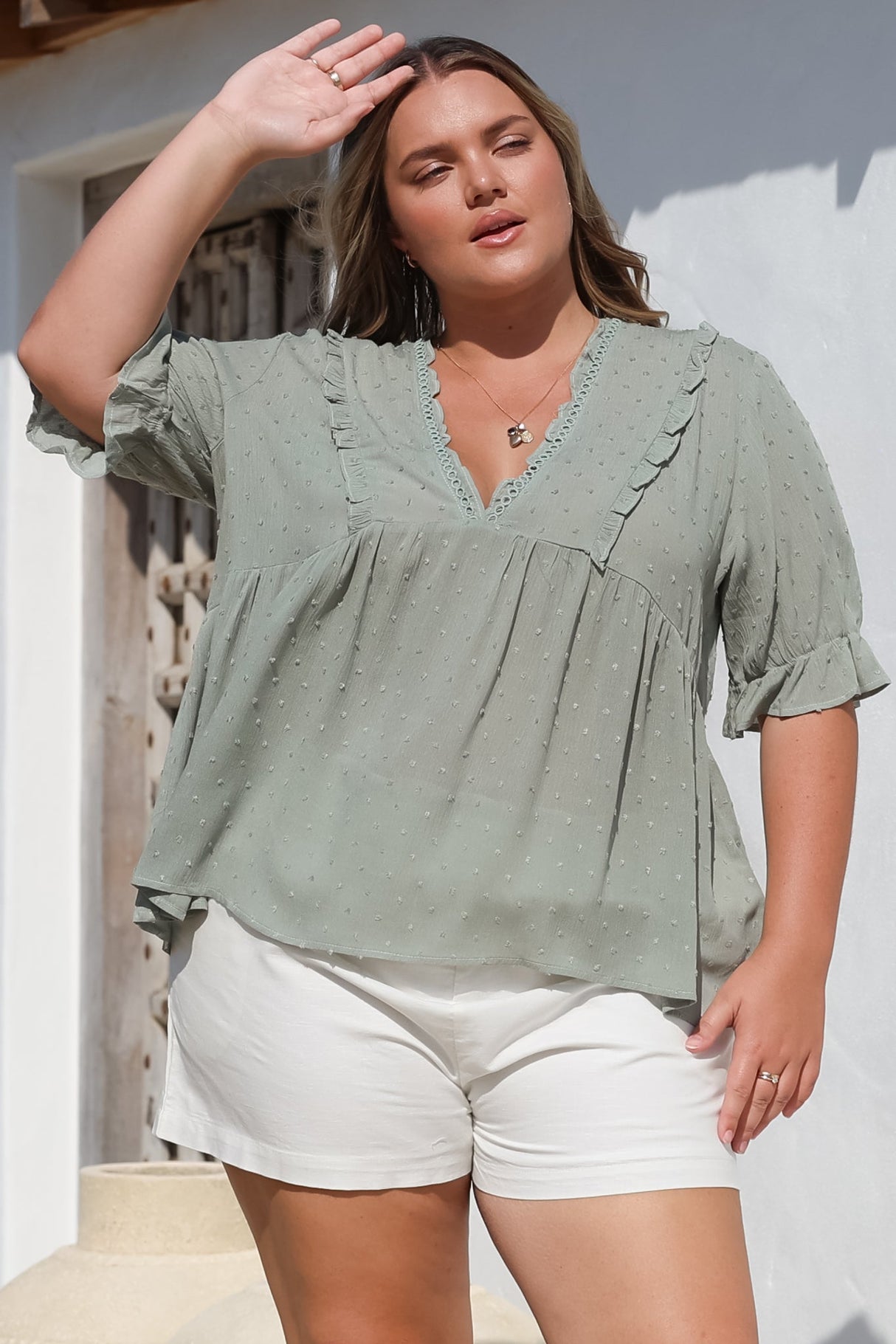 Catha Top - Frill Neckline Empire Bustline Top with Short Balloon Sleeves in Sage