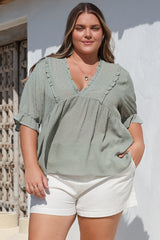Catha Top - Frill Neckline Empire Bustline Top with Short Balloon Sleeves in Sage