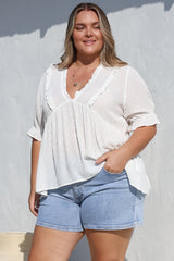Catha Top - Frill Neckline Empire Bustline Top with Short Balloon Sleeves in White