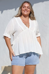Catha Top - Frill Neckline Empire Bustline Top with Short Balloon Sleeves in White