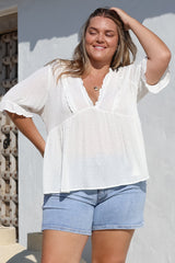 Catha Top - Frill Neckline Empire Bustline Top with Short Balloon Sleeves in White