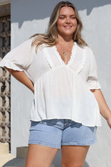 Catha Top - Frill Neckline Empire Bustline Top with Short Balloon Sleeves in White