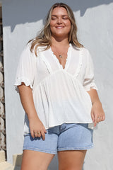 Catha Top - Frill Neckline Empire Bustline Top with Short Balloon Sleeves in White
