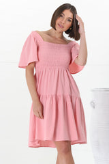 Catrice Mini Dress - Short Sleeve Milkmaid Neckline Dress in Pink