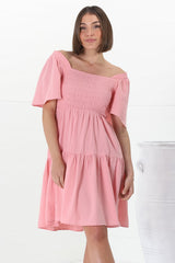 Catrice Mini Dress - Short Sleeve Milkmaid Neckline Dress in Pink