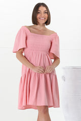 Catrice Mini Dress - Short Sleeve Milkmaid Neckline Dress in Pink