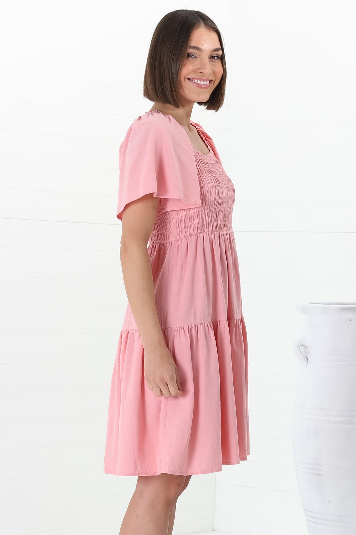 Catrice Mini Dress - Short Sleeve Milkmaid Neckline Dress in Pink