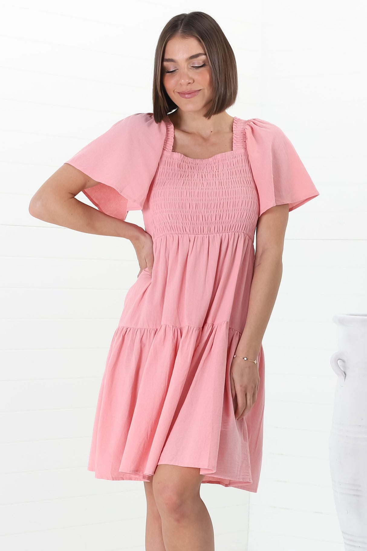 Catrice Mini Dress - Short Sleeve Milkmaid Neckline Dress in Pink