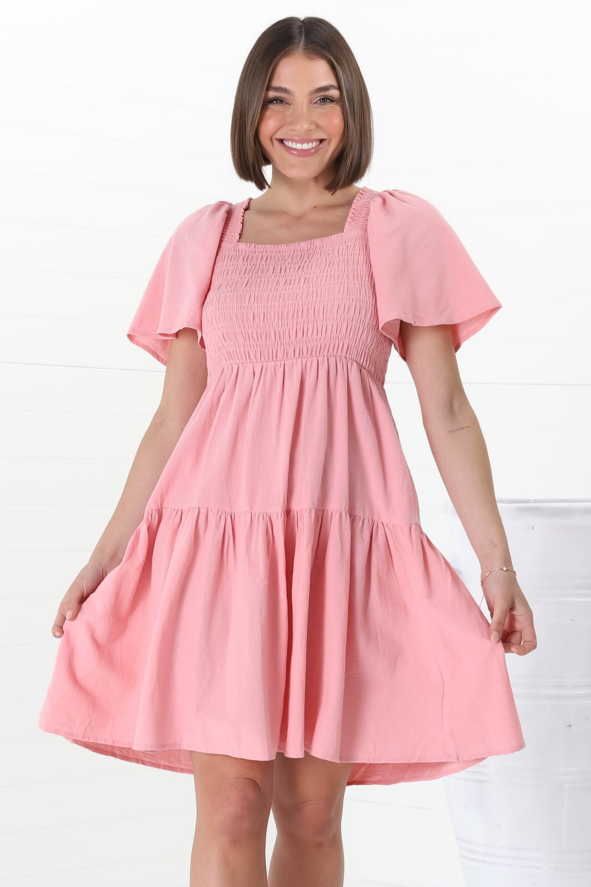 Catrice Mini Dress - Short Sleeve Milkmaid Neckline Dress in Pink