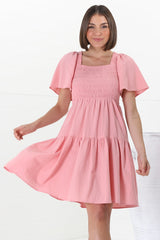 Catrice Mini Dress - Short Sleeve Milkmaid Neckline Dress in Pink