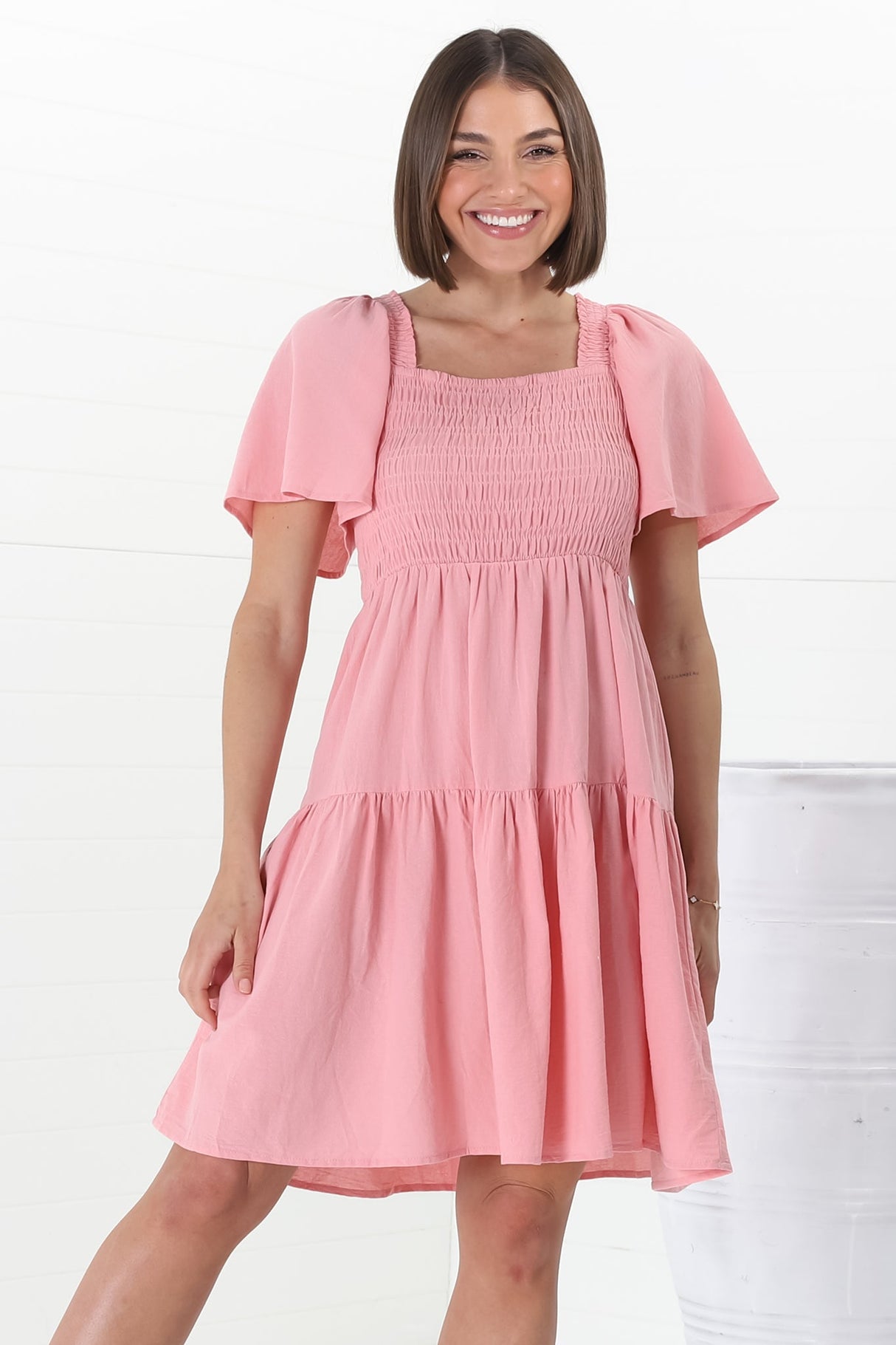 Catrice Mini Dress - Short Sleeve Milkmaid Neckline Dress in Pink