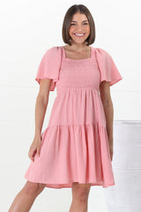 Catrice Mini Dress - Short Sleeve Milkmaid Neckline Dress in Pink