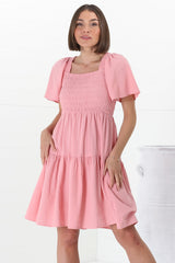 Catrice Mini Dress - Short Sleeve Milkmaid Neckline Dress in Pink