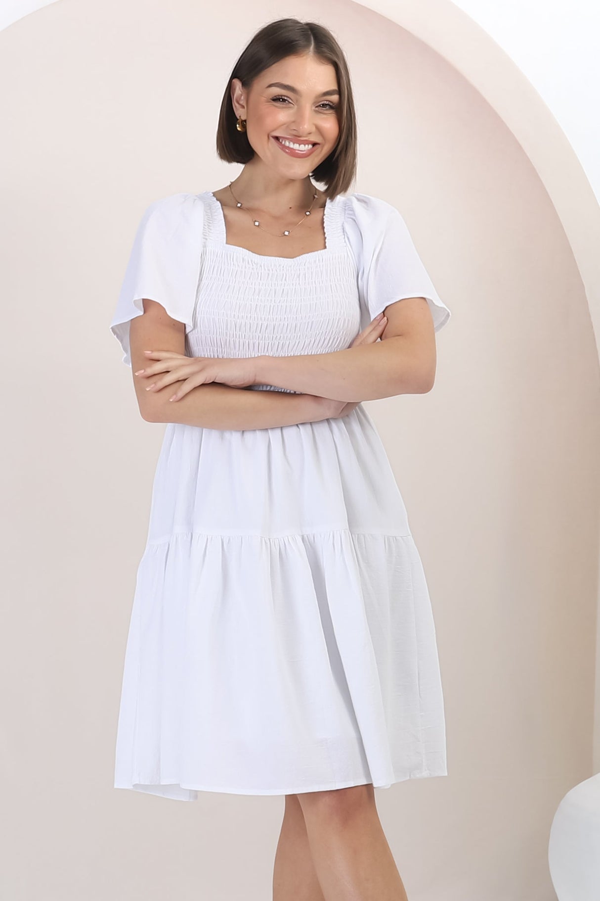 Catrice Mini Dress - Short Sleeve Milkmaid Neckline Dress in White