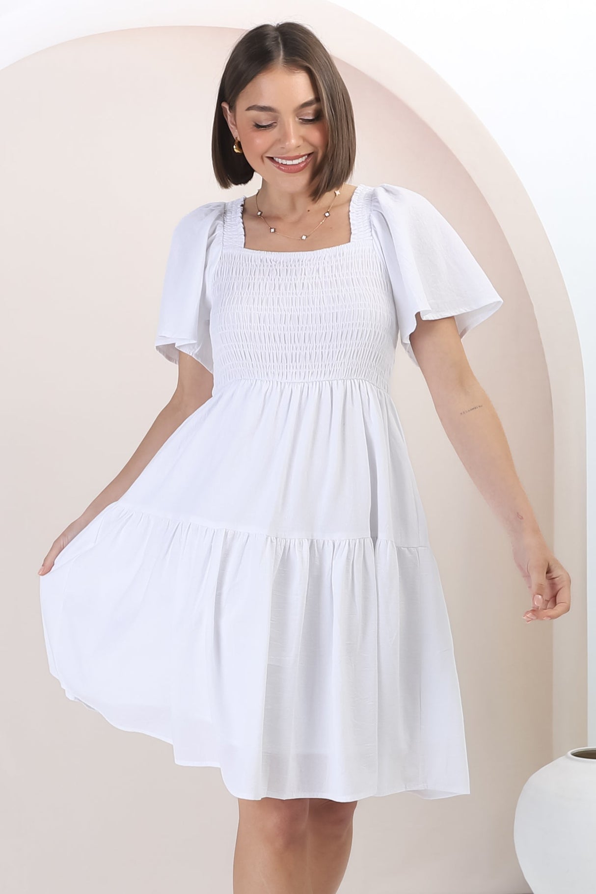 Catrice Mini Dress - Short Sleeve Milkmaid Neckline Dress in White