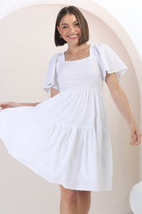 Catrice Mini Dress - Short Sleeve Milkmaid Neckline Dress in White