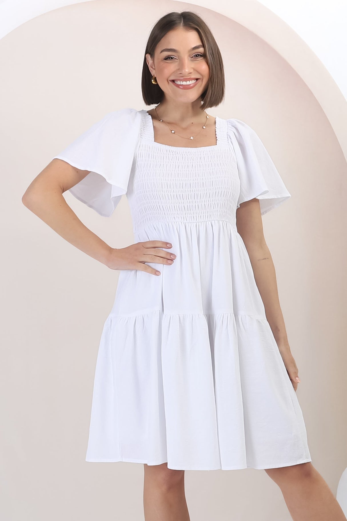 Catrice Mini Dress - Short Sleeve Milkmaid Neckline Dress in White