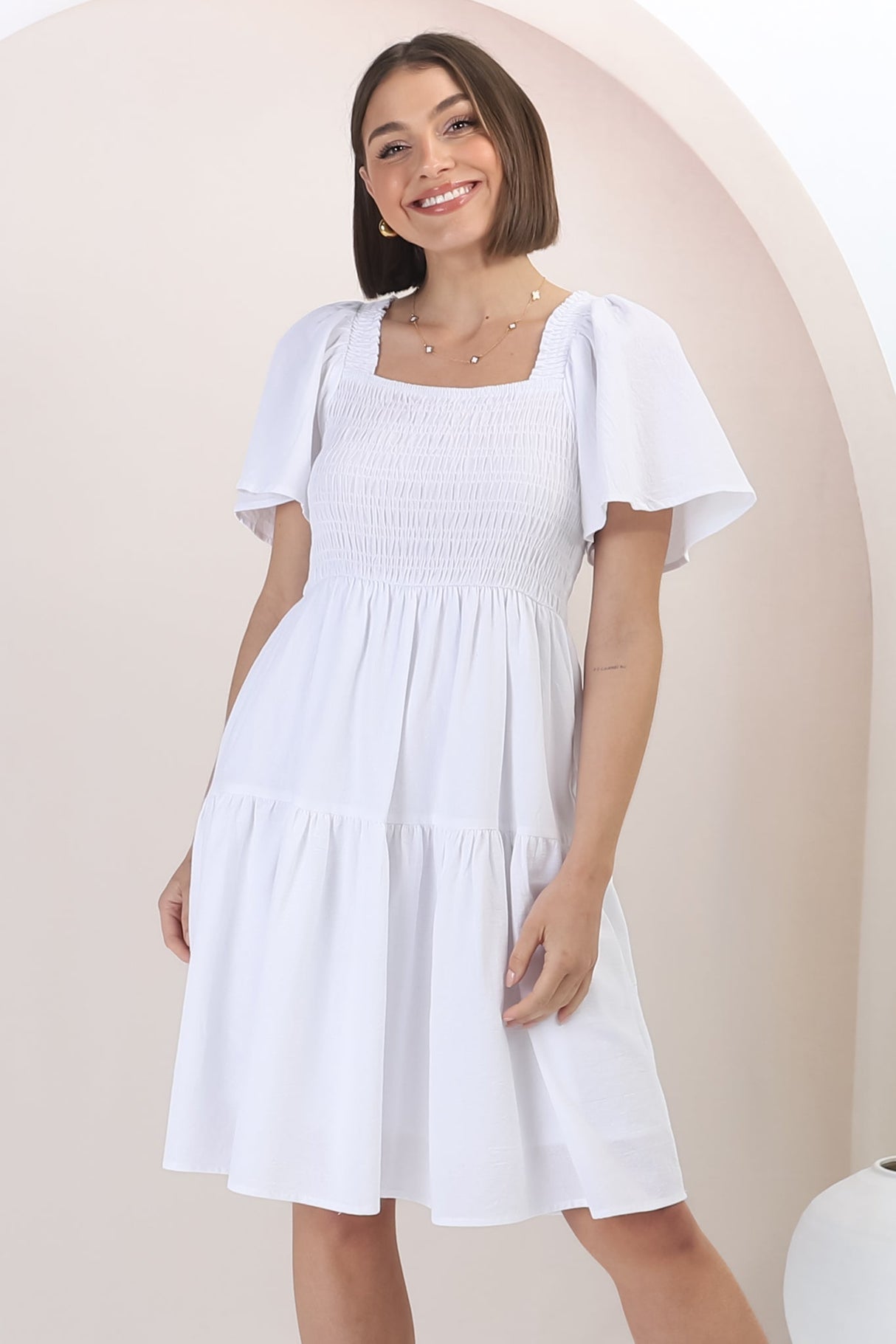 Catrice Mini Dress - Short Sleeve Milkmaid Neckline Dress in White