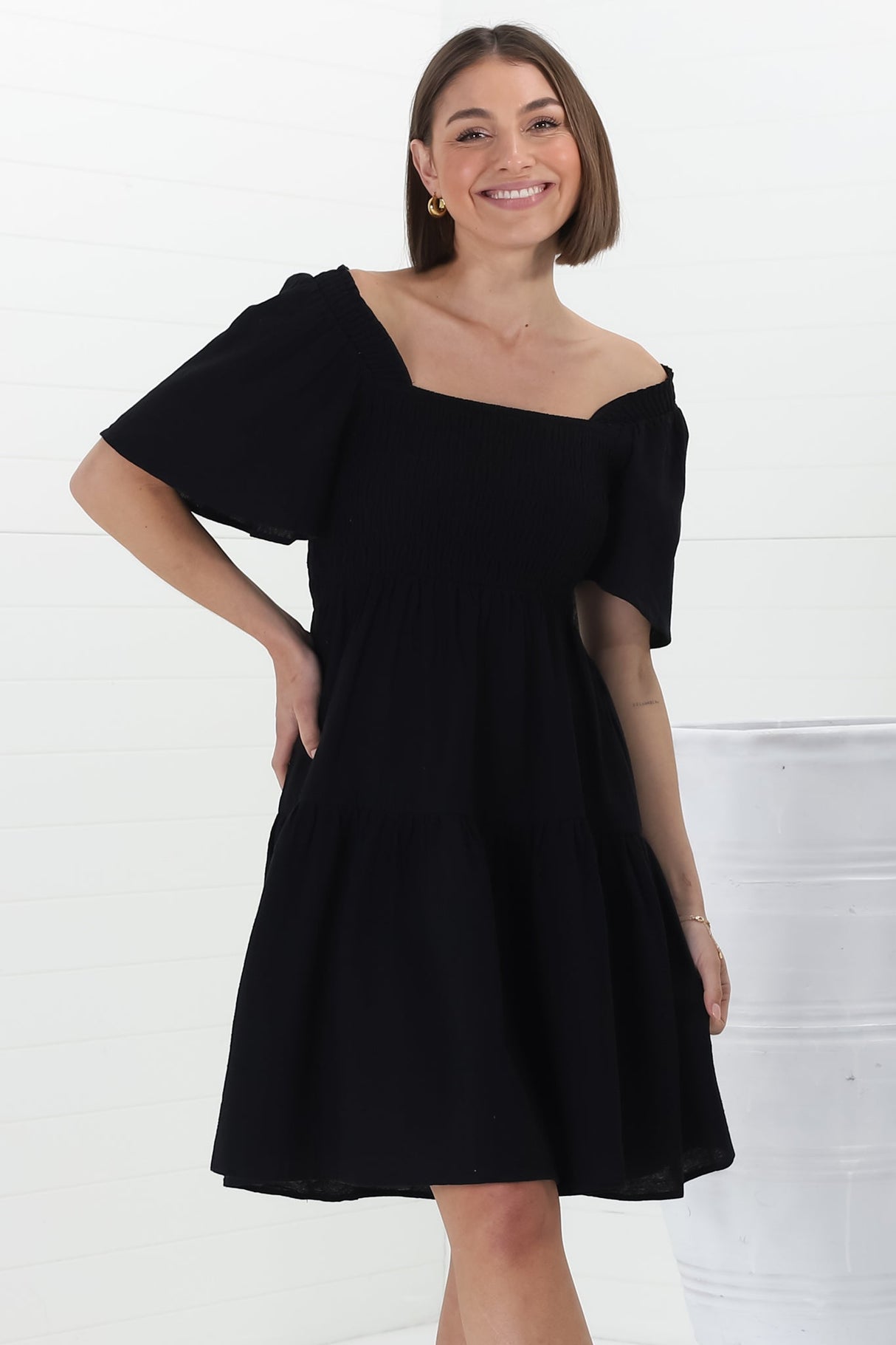 Catrice Mini Dress - Short Sleeve Milkmaid Neckline Dress in Black