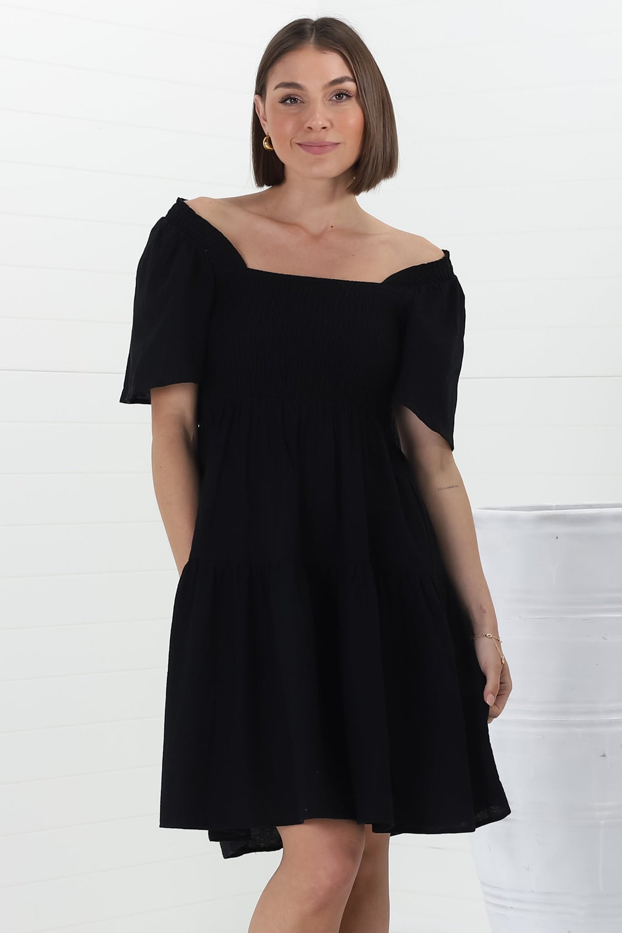 Catrice Mini Dress - Short Sleeve Milkmaid Neckline Dress in Black