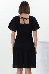 Catrice Mini Dress - Short Sleeve Milkmaid Neckline Dress in Black