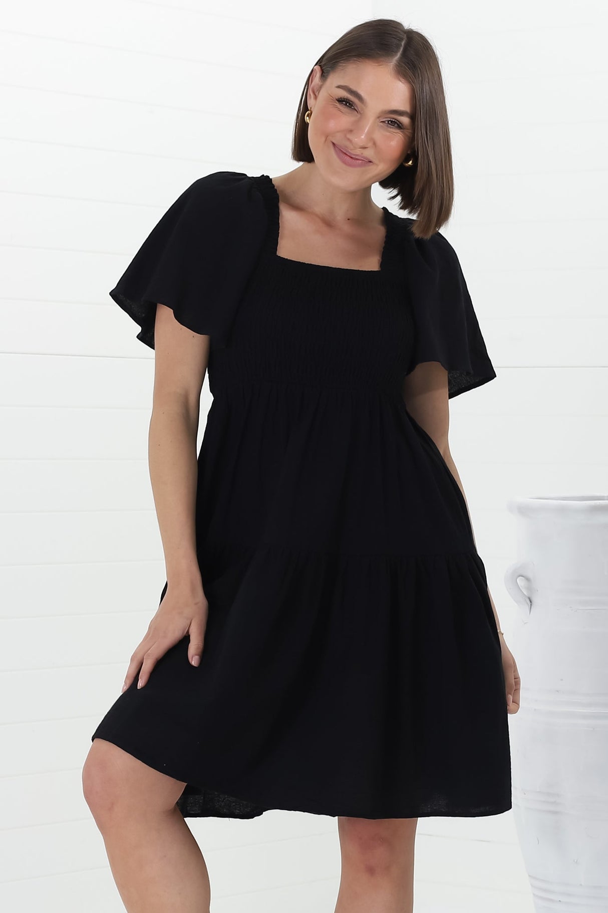 Catrice Mini Dress - Short Sleeve Milkmaid Neckline Dress in Black