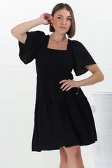 Catrice Mini Dress - Short Sleeve Milkmaid Neckline Dress in Black