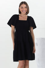 Catrice Mini Dress - Short Sleeve Milkmaid Neckline Dress in Black