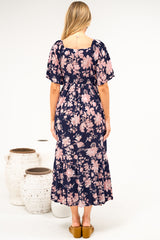 Caylee Midi Dress - V Neck On or Off Shoulder Empire Waist Dress with Short Sleeves in Hollis Print Navy