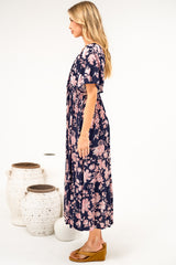 Caylee Midi Dress - V Neck On or Off Shoulder Empire Waist Dress with Short Sleeves in Hollis Print Navy