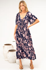 Caylee Midi Dress - V Neck On or Off Shoulder Empire Waist Dress with Short Sleeves in Hollis Print Navy