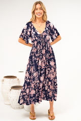 Caylee Midi Dress - V Neck On or Off Shoulder Empire Waist Dress with Short Sleeves in Hollis Print Navy
